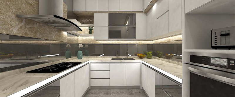 modern kitchen design with white minimalist cabinet and glass ornament. 3d rendering, 3d illustration. 